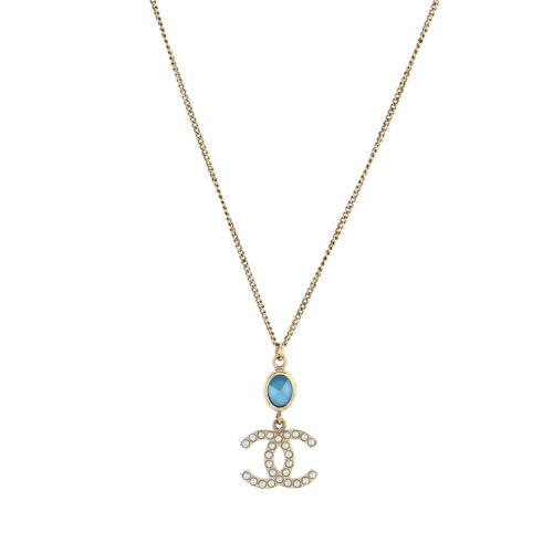 CC Pendant Chain Necklace Metal with Faux Pearl and Crystal