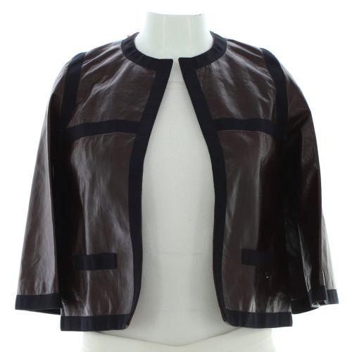 Women's Collarless Jacket Leather with Grosgrain Detail