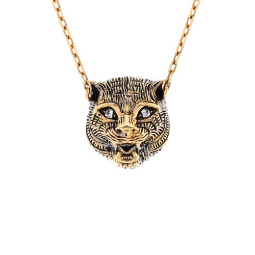 Le Marche Des Merveilles Feline Head Pendant Necklace 18K Yellow Gold with Turquoise and Diamonds